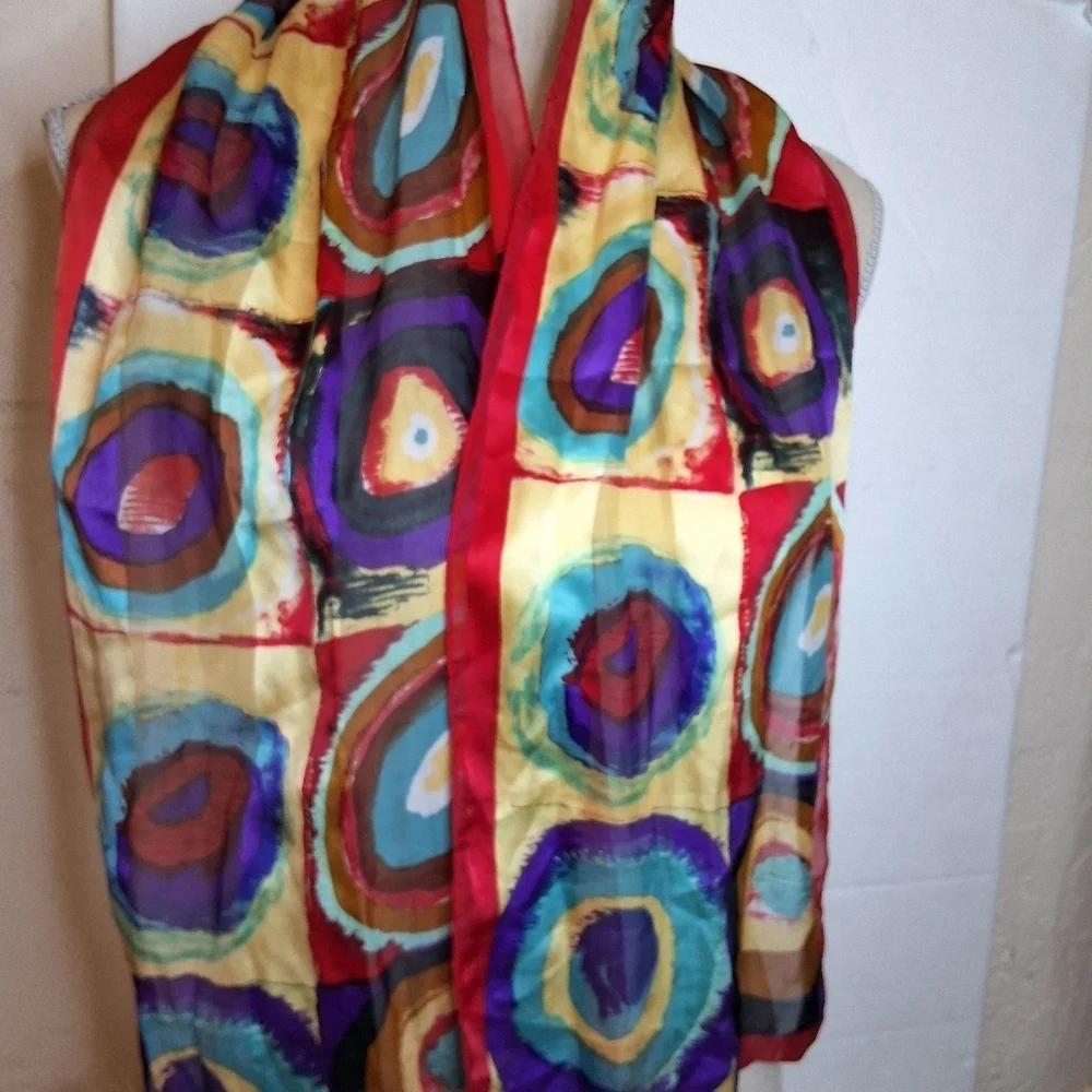 Elaine Gold  Vintage Modernist Design Oblong Silk Colorful Circles Scarf/ Wrap